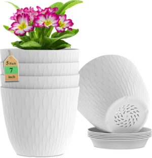 DropShopee Plastic Round Flower Pots with Drainage Hole Saucers | Durable Outdoor Indoor Wave Pattern Planters with Tray | Plant Containers for Garden, Office, Balcony and Home (Set of 5, White) (SL019-UNIQ WAVEFLOWERPOT WHITE)