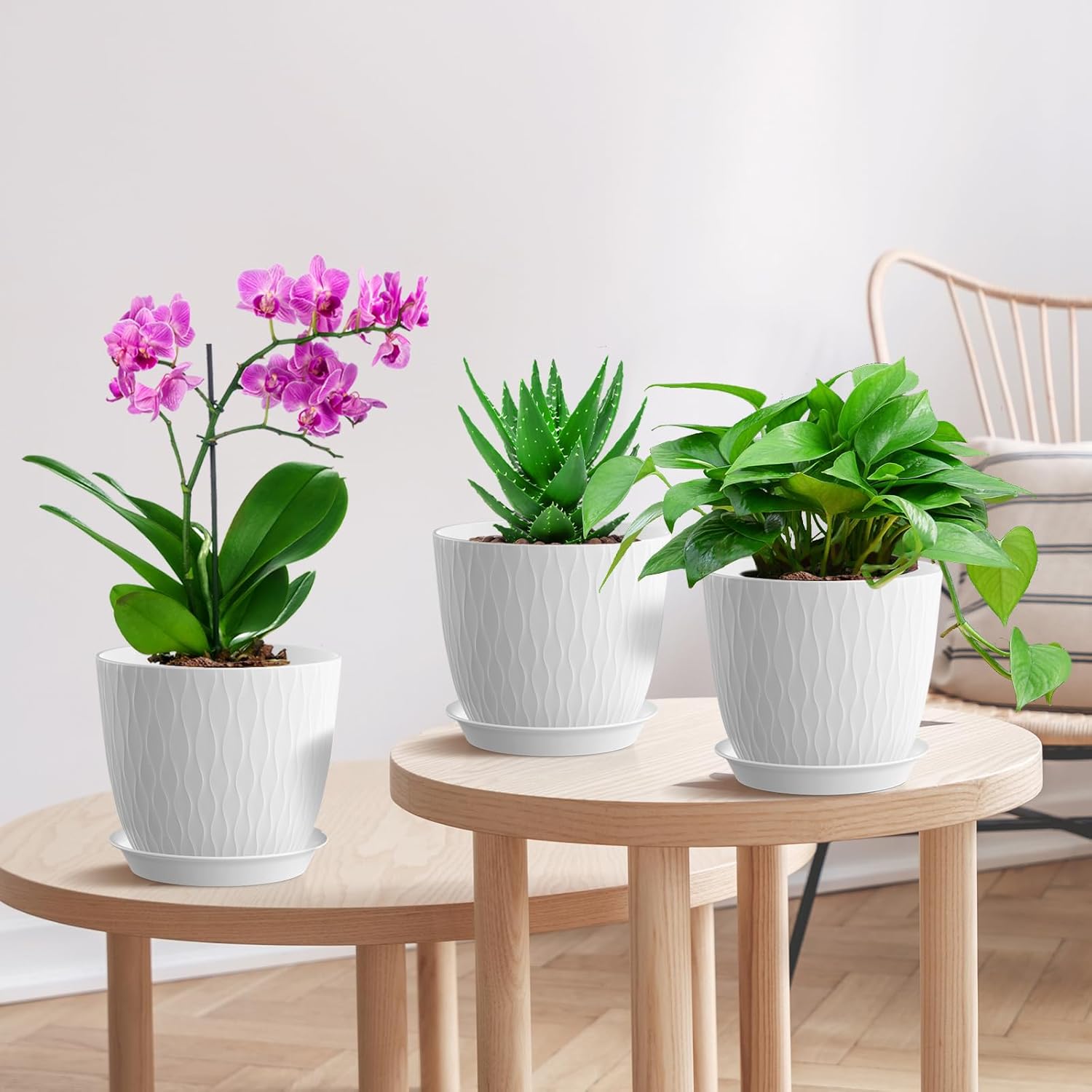 DropShopee Plastic Round Flower Pots with Drainage Hole Saucers | Durable Outdoor Indoor Wave Pattern Planters with Tray | Plant Containers for Garden, Office, Balcony and Home (Set of 5, White) (SL019-UNIQ WAVEFLOWERPOT WHITE) - Image 2