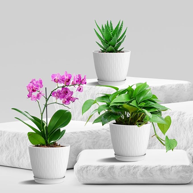 DropShopee Plastic Round Flower Pots with Drainage Hole Saucers | Durable Outdoor Indoor Wave Pattern Planters with Tray | Plant Containers for Garden, Office, Balcony and Home (Set of 5, White) (SL019-UNIQ WAVEFLOWERPOT WHITE) - Image 3