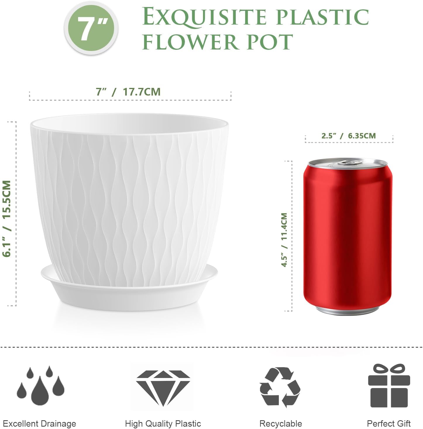 DropShopee Plastic Round Flower Pots with Drainage Hole Saucers | Durable Outdoor Indoor Wave Pattern Planters with Tray | Plant Containers for Garden, Office, Balcony and Home (Set of 5, White) (SL019-UNIQ WAVEFLOWERPOT WHITE) - Image 4