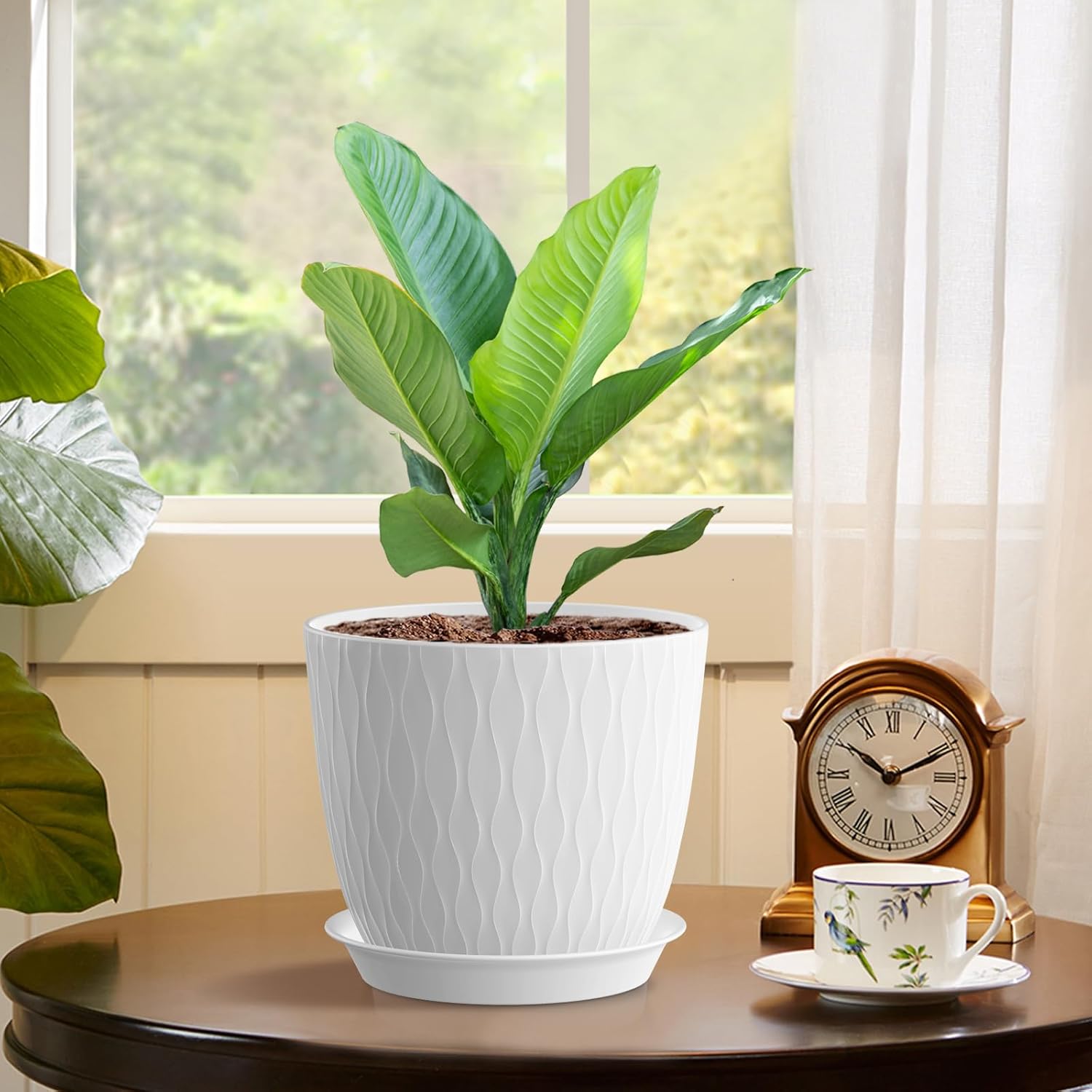 DropShopee Plastic Round Flower Pots with Drainage Hole Saucers | Durable Outdoor Indoor Wave Pattern Planters with Tray | Plant Containers for Garden, Office, Balcony and Home (Set of 5, White) (SL019-UNIQ WAVEFLOWERPOT WHITE) - Image 6