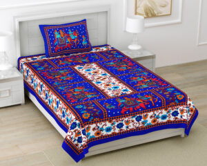 Rajasthani Jaipuri Traditional Sanganeri Gangor Elephant Print 100% Cotton Single Size Bedsheet with one Pillow Covers (Blue) (MD1001-BST SIN-GANGOR_BLUE)
