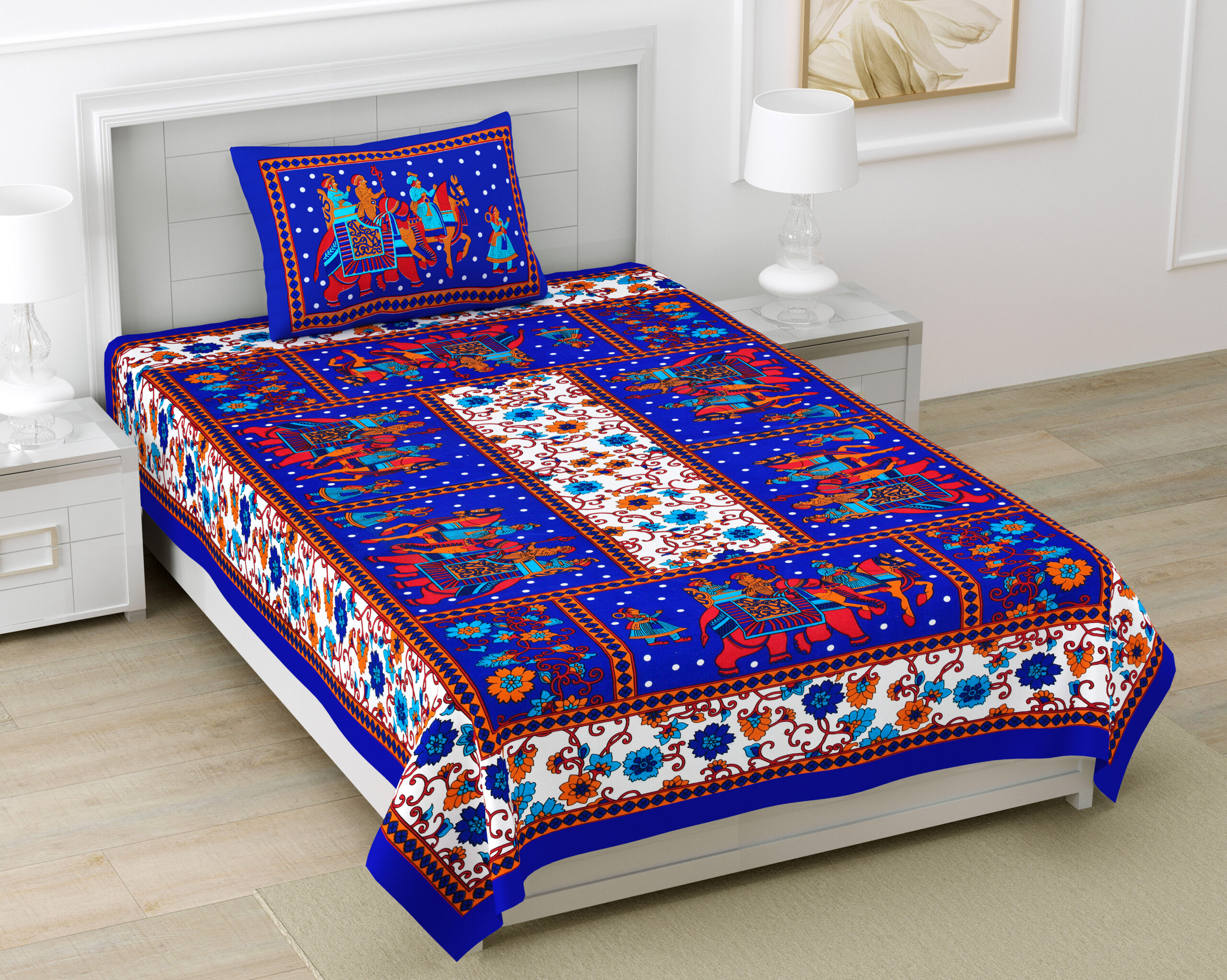 Rajasthani Jaipuri Traditional Sanganeri Gangor Elephant Print 100% Cotton Single Size Bedsheet with one Pillow Covers (Blue) (MD1001-BST SIN-GANGOR_BLUE)