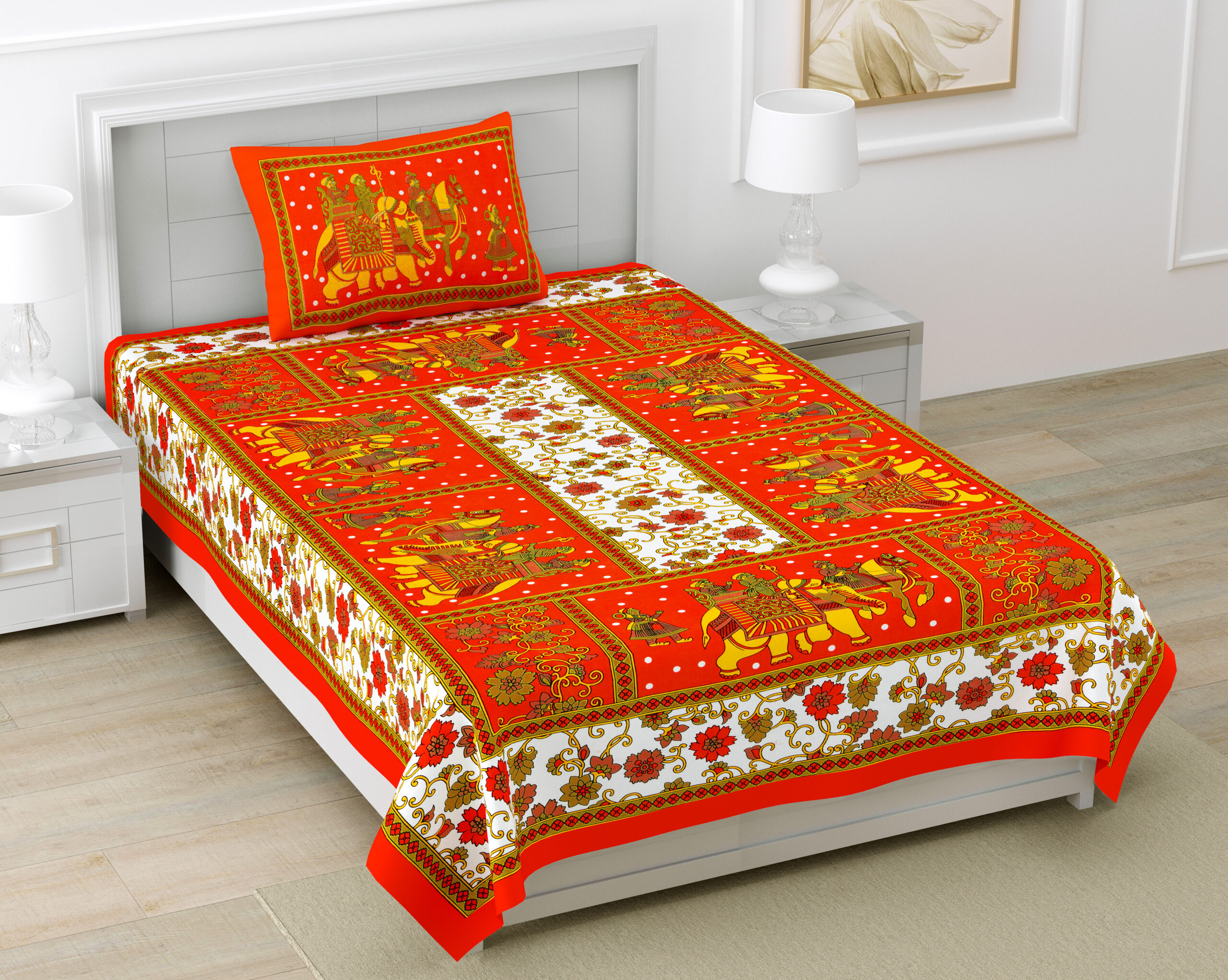 Rajasthani Jaipuri Traditional Sanganeri Gangor Elephant Print 100% Cotton Single Size Bedsheet with one Pillow Covers (Orange) (MD1001-BST SIN-GANGOR_ORANGE)