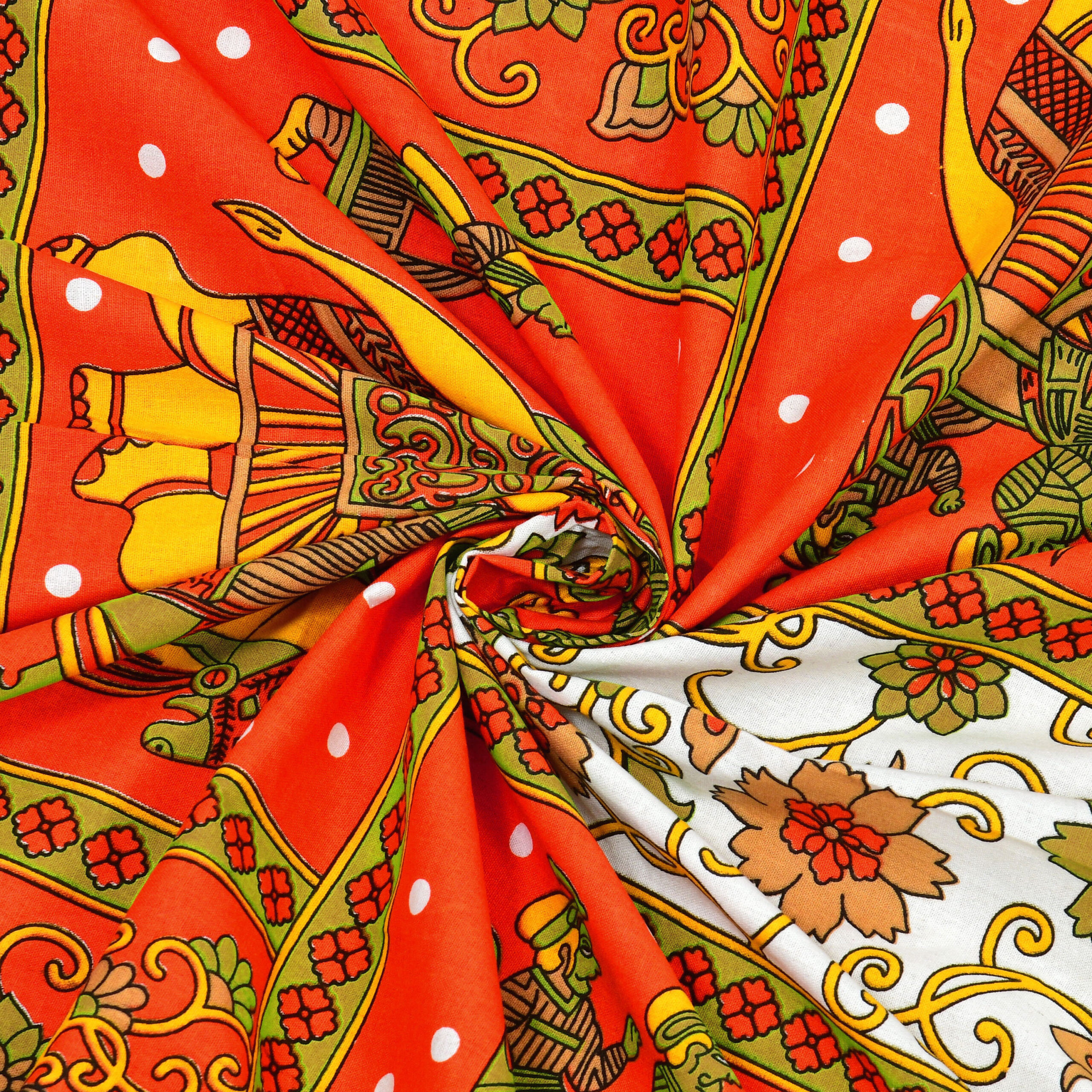 Rajasthani Jaipuri Traditional Sanganeri Gangor Elephant Print 100% Cotton Single Size Bedsheet with one Pillow Covers (Orange) (MD1001-BST SIN-GANGOR_ORANGE) - Image 4