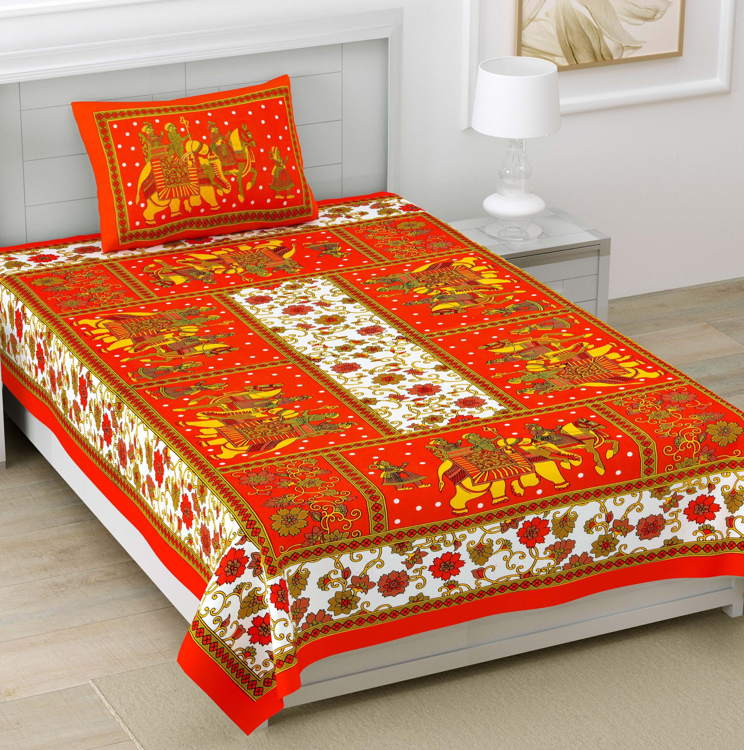 Rajasthani Jaipuri Traditional Sanganeri Gangor Elephant Print 100% Cotton Single Size Bedsheet with one Pillow Covers (Orange) (MD1001-BST SIN-GANGOR_ORANGE) - Image 5