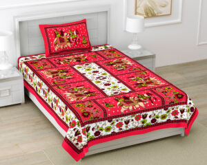 Rajasthani Jaipuri Traditional Sanganeri Gangor Elephant Print 100% Cotton Single Size Bedsheet with one Pillow Covers (Red) (MD1001-BST SIN-GANGOR_RED)