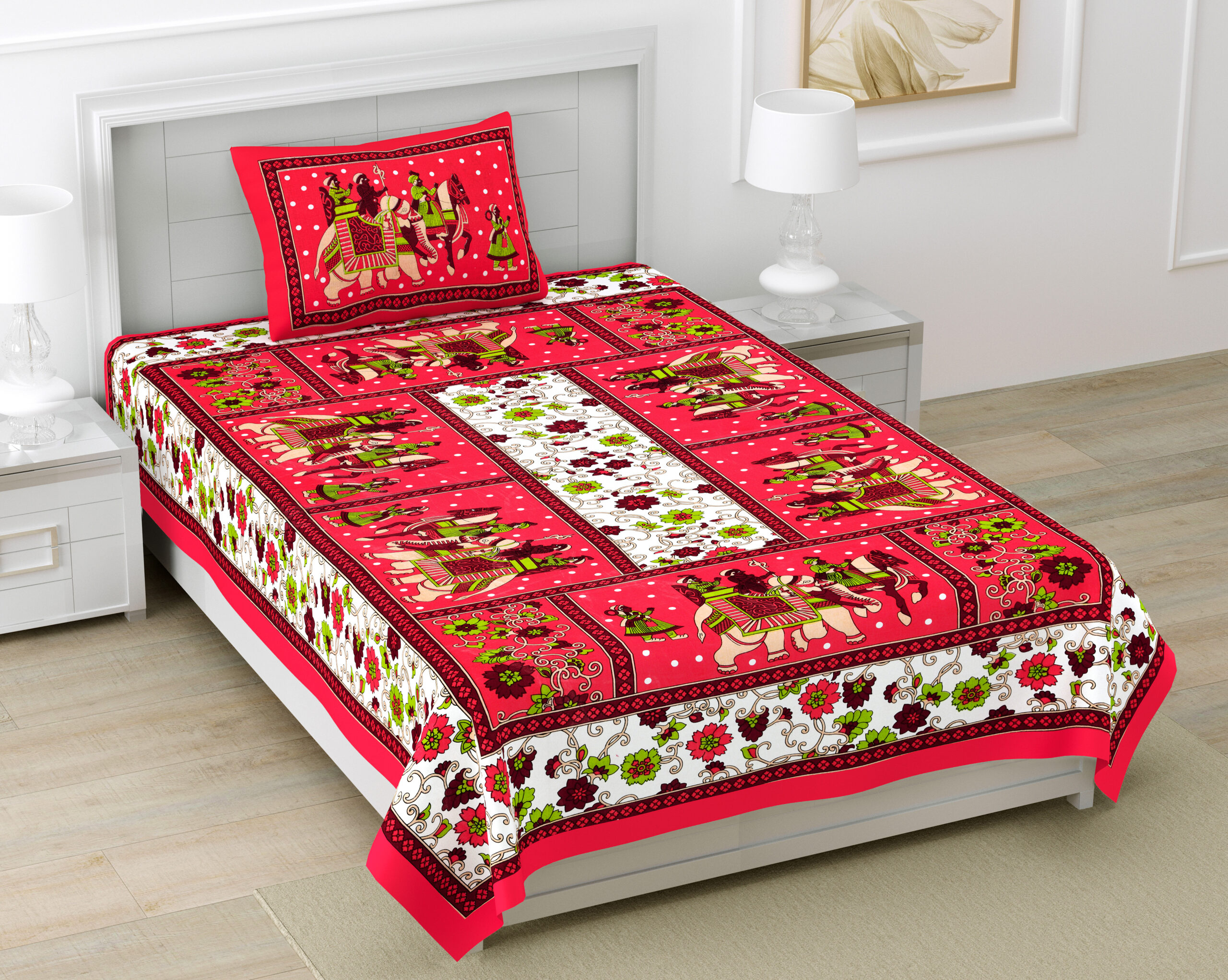 Rajasthani Jaipuri Traditional Sanganeri Gangor Elephant Print 100% Cotton Single Size Bedsheet with one Pillow Covers (Red) (MD1001-BST SIN-GANGOR_RED)
