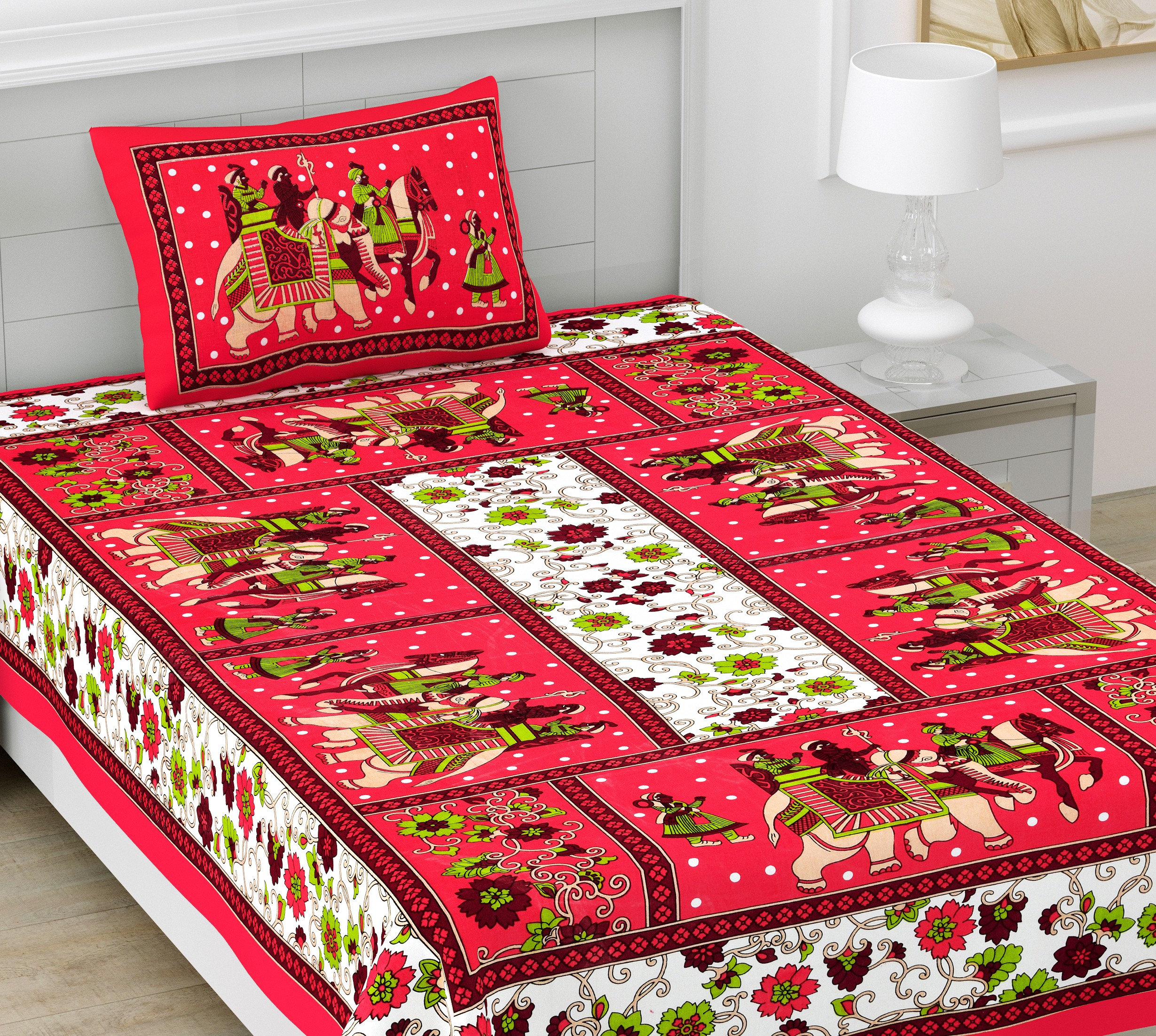 Rajasthani Jaipuri Traditional Sanganeri Gangor Elephant Print 100% Cotton Single Size Bedsheet with one Pillow Covers (Red) (MD1001-BST SIN-GANGOR_RED) - Image 5