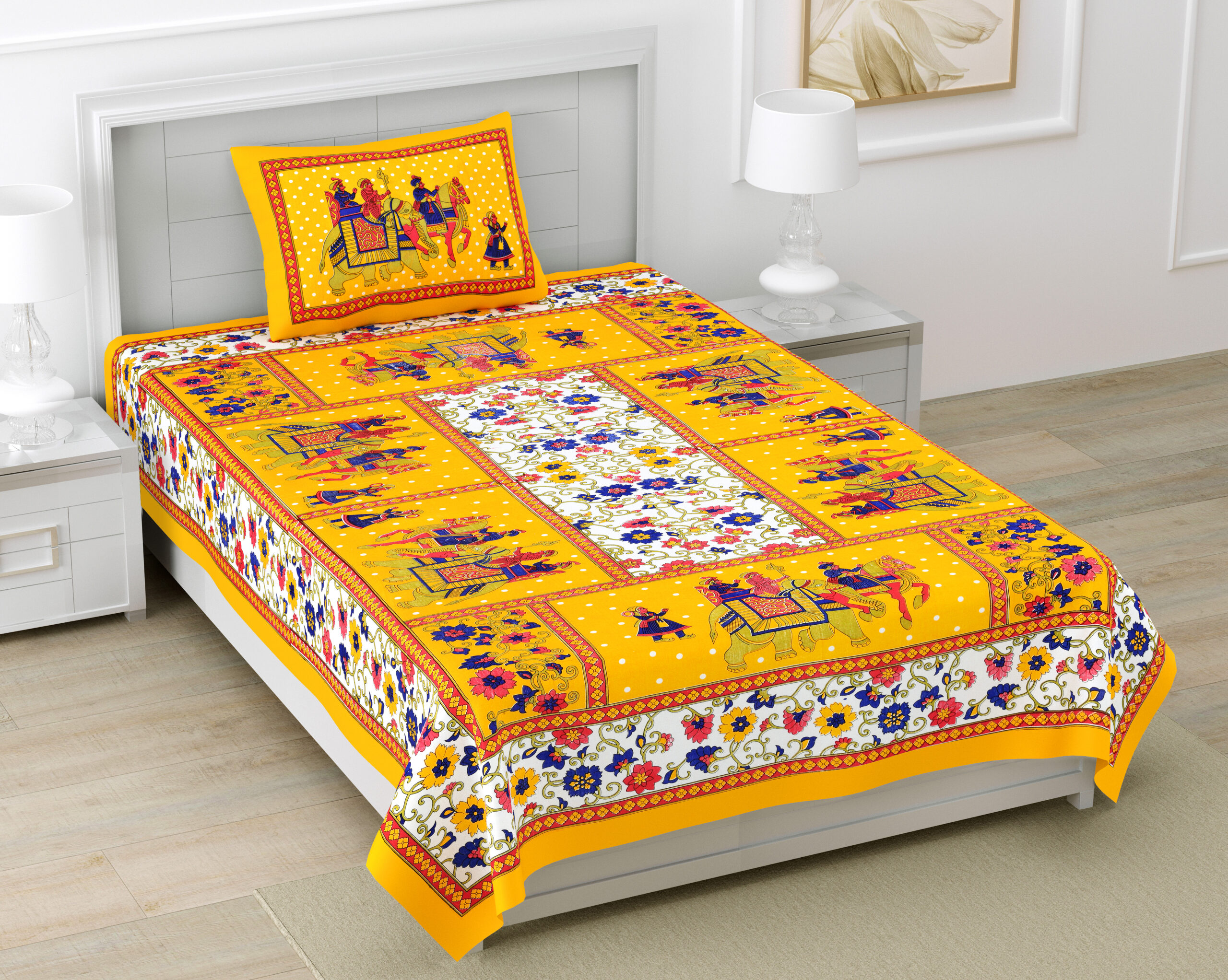 Rajasthani Jaipuri Traditional Sanganeri Gangor Elephant Print 100% Cotton Single Size Bedsheet with one Pillow Covers (Yellow) (MD1001-BST SIN-GANGOR_YELLOW)