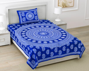 Rajasthani Jaipuri Traditional Sanganeri Carry Print 100% Cotton Single Size Bedsheet with one Pillow Covers (Blue) (MD1002-BST SIN Carry Blue)