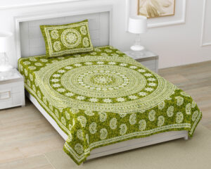 Rajasthani Jaipuri Traditional Sanganeri Carry Print 100% Cotton Single Size Bedsheet with one Pillow Covers (Green) (MD1002-BST SIN Carry Green)