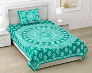 Rajasthani Jaipuri Traditional Sanganeri Carry Print 100% Cotton Single Size Bedsheet with one Pillow Covers (Seagreen) (MD1002-BST SIN Carry Seagreen)