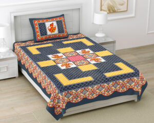 Rajasthani Jaipuri Traditional Sanganeri Gujari Print 100% Cotton Single Size Bedsheet with one Pillow Covers (Grey) (MD1003-BST SIN-Gujari Grey)