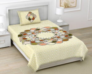 Rajasthani Jaipuri Traditional Sanganeri Mandala Print 100% Cotton Single Size Bedsheet with one Pillow Covers (Yellow) (MD1004-BST SIN-Mandala Yellow)