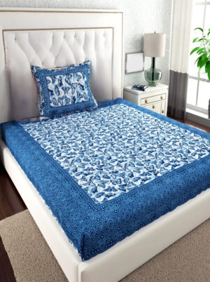 Rajasthani Jaipuri Traditional Sanganeri ButterFly Print 100% Cotton Single Size Bedsheet with one Pillow Covers (Blue) (MD1005-BST SIN-ButterFly Blue)