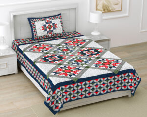 Rajasthani Jaipuri Traditional Sanganeri New Chokda Print 100% Cotton Single Size Bedsheet with one Pillow Covers (Blue) (MD1007-BST SIN-New Chokda Blue)