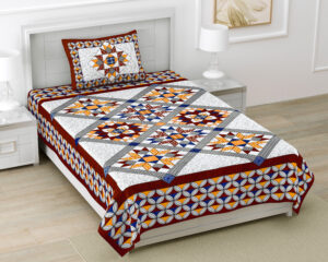 Rajasthani Jaipuri Traditional Sanganeri New Chokda Print 100% Cotton Single Size Bedsheet with one Pillow Covers (Red) (MD1007-BST SIN-New Chokda Red)