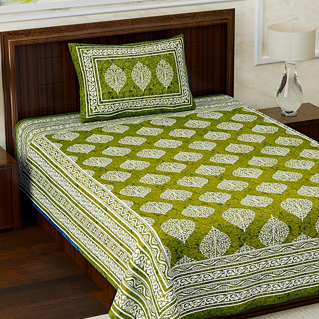 Rajasthani Jaipuri Traditional Sanganeri 3 Buta Print 100% Cotton Single Size Bedsheet with one Pillow Covers (Green) (MD1008-BST SIN-3 Buta Green) - Image 4