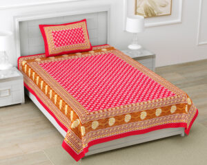 Rajasthani Jaipuri Traditional Sanganeri 3 Kaam Buti Print 100% Cotton Single Size Bedsheet with one Pillow Covers (Red) (MD1009-BST SIN-3 Kaam Buti Red)