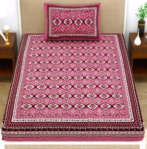 Rajasthani Jaipuri Traditional Sanganeri Batik Print 100% Cotton Single Size Bedsheet with one Pillow Covers (Purple) (MD1011-BST SIN-Batik Purple)