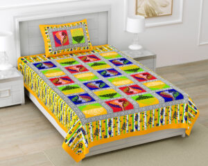 Rajasthani Jaipuri Traditional Sanganeri Treebox Print 100% Cotton Single Size Bedsheet with one Pillow Covers (Yellow) (MD1013-BST SIN-TreeBox Yellow)