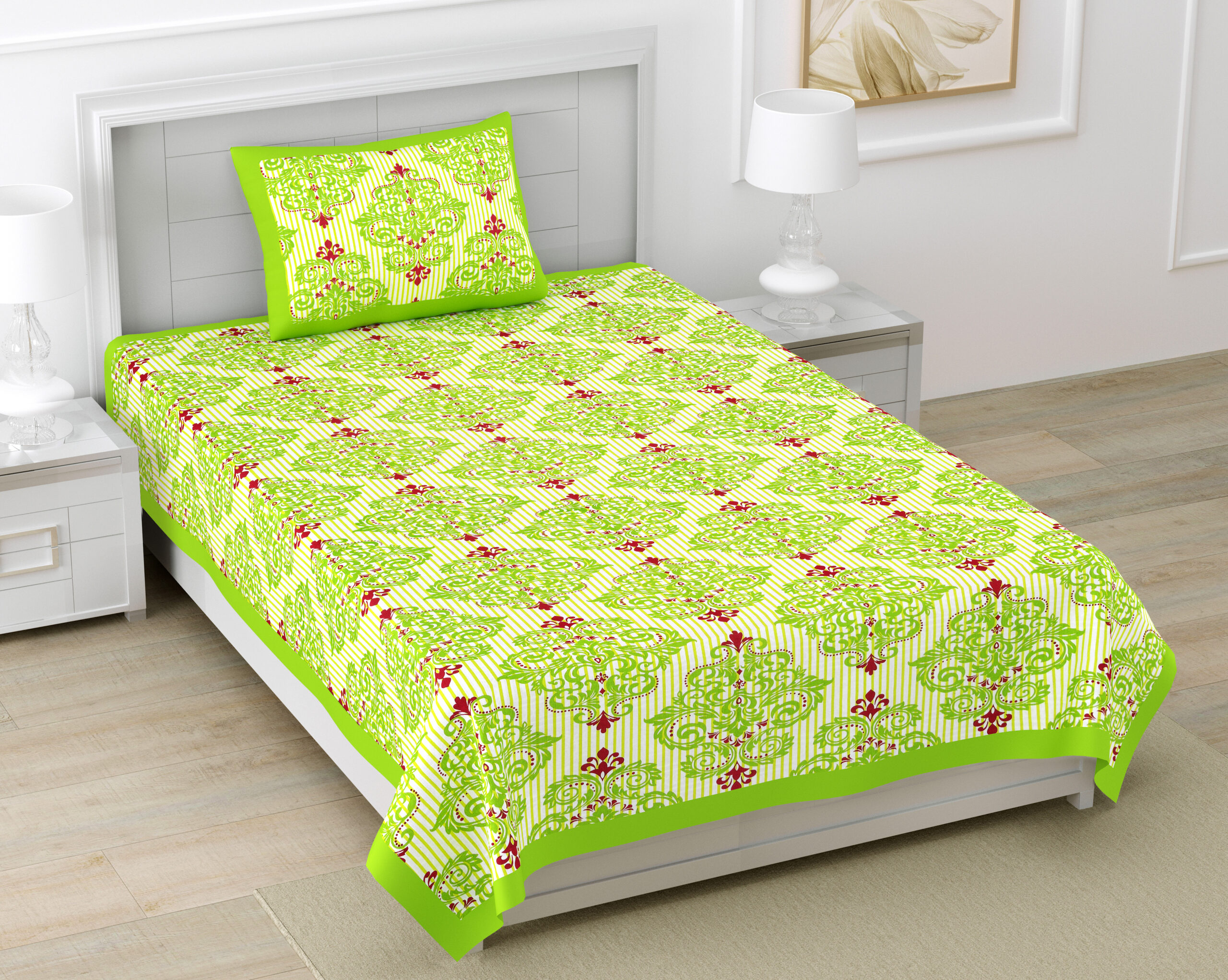 Rajasthani Jaipuri Traditional Sanganeri Urvashi Print 100% Cotton Single Size Bedsheet with one Pillow Covers (Green) (MD1014-BST SIN-Urvashi Green)