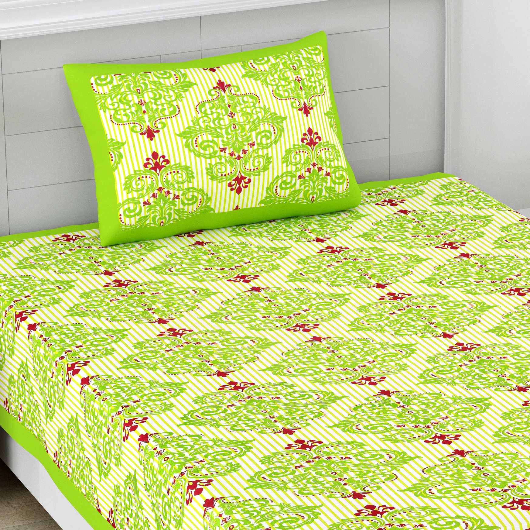 Rajasthani Jaipuri Traditional Sanganeri Urvashi Print 100% Cotton Single Size Bedsheet with one Pillow Covers (Green) (MD1014-BST SIN-Urvashi Green) - Image 5