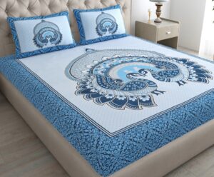 Rajasthani Jaipuri Traditional Sanganeri 2 Kaam Peacock Print 100% Cotton Double Size Bedsheet with Two Pillow?Covers?(Blue) (MD1015-BST DBL 2 Kaam Peacock_Blue)