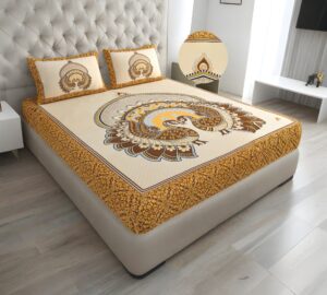 Rajasthani Jaipuri Traditional Sanganeri 2 Kaam Peacock Print 100% Cotton Double Size Bedsheet with Two Pillow?Covers?(Brown) (MD1015-BST DBL 2 Kaam Peacock_Brown)