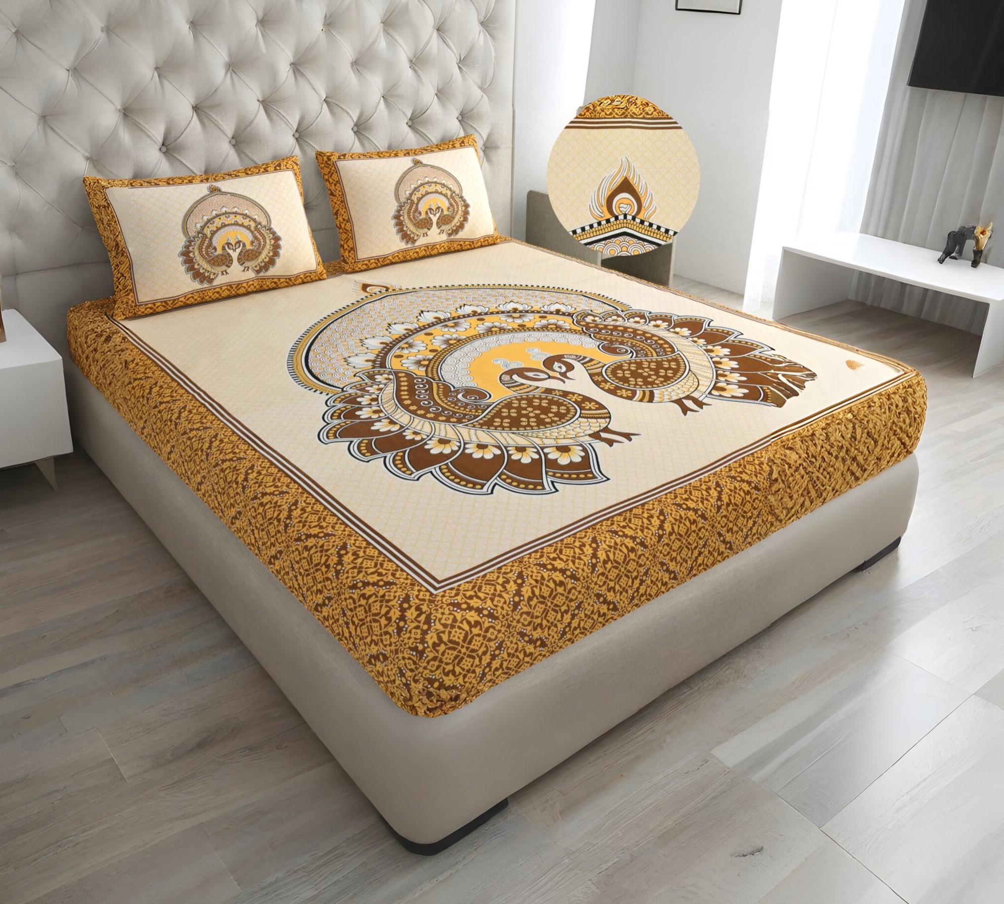 Rajasthani Jaipuri Traditional Sanganeri 2 Kaam Peacock Print 100% Cotton Double Size Bedsheet with Two Pillow?Covers?(Brown) (MD1015-BST DBL 2 Kaam Peacock_Brown)