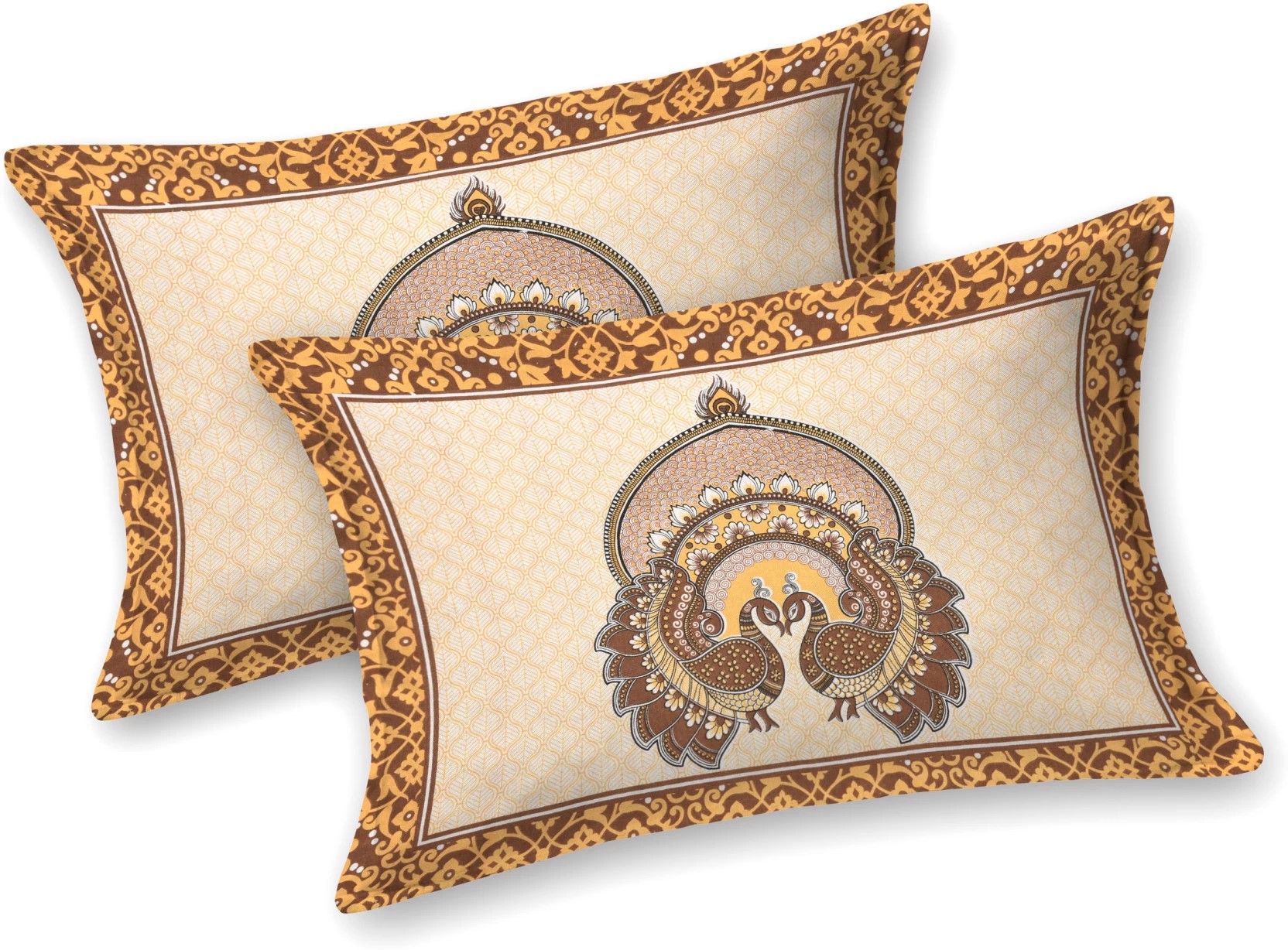 Rajasthani Jaipuri Traditional Sanganeri 2 Kaam Peacock Print 100% Cotton Double Size Bedsheet with Two Pillow?Covers?(Brown) (MD1015-BST DBL 2 Kaam Peacock_Brown) - Image 3