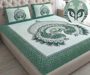 Rajasthani Jaipuri Traditional Sanganeri 2 Kaam Peacock Print 100% Cotton Double Size Bedsheet with Two Pillow?Covers?(Green) (MD1015-BST DBL 2 Kaam Peacock_Green)