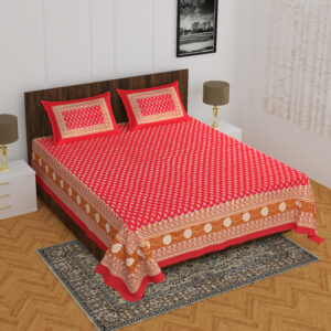 Rajasthani Jaipuri Traditional Sanganeri 3KaamButi Print 100% Cotton Double Size Bedsheet with Two Pillow Covers (Red) (MD1016-BST DBL 3KaamButi_Red)