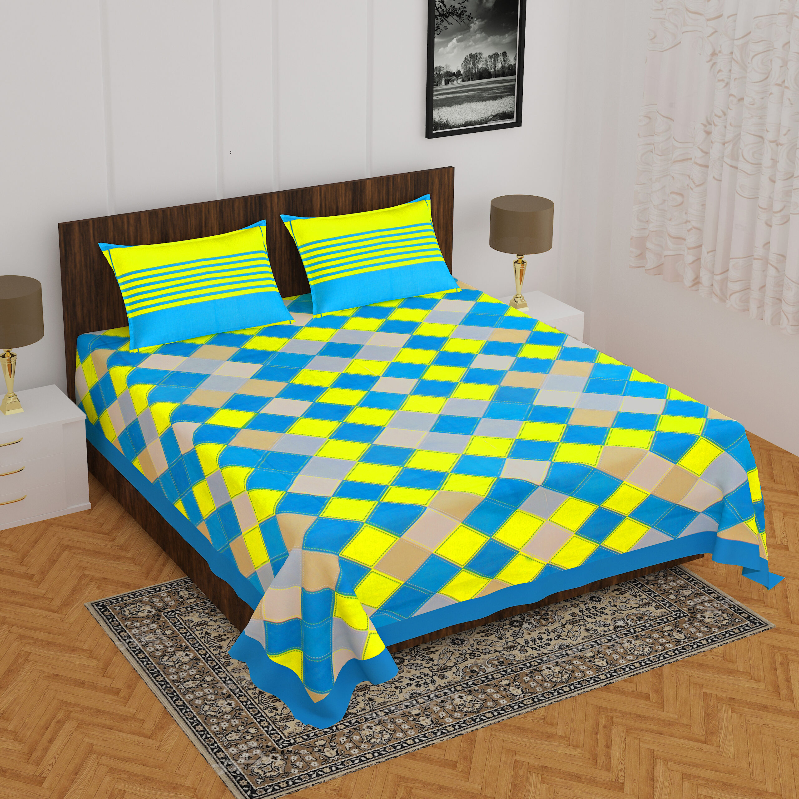 Rajasthani Jaipuri Traditional Sanganeri AhemdabadiChokda Print 100% Cotton Double Size Bedsheet with Two Pillow Covers (Seagreen) (MD1017-BST DBL AhemdabadiChokda_SeaGreen)