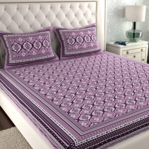 Rajasthani Jaipuri Traditional Sanganeri Batik Print 100% Cotton Double Size Bedsheet with Two Pillow Covers (Purple) (MD1020-BST DBL Batik_Purple)