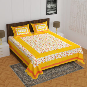 Rajasthani Jaipuri Traditional Sanganeri Bindiya Print 100% Cotton Double Size Bedsheet with Two Pillow Covers (Yellow) (MD1021-BST DBL Bindiya_Yellow)