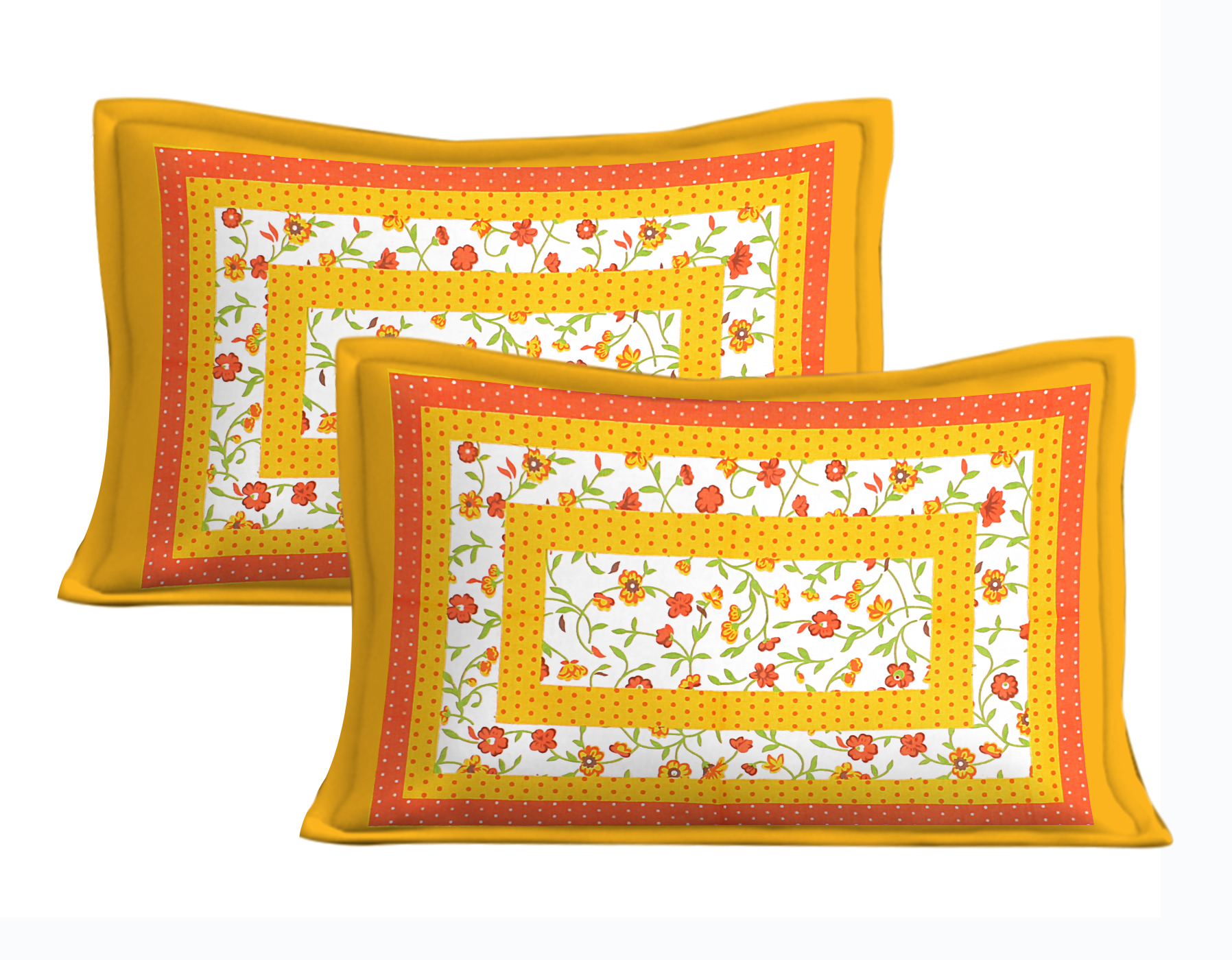 Rajasthani Jaipuri Traditional Sanganeri Bindiya Print 100% Cotton Double Size Bedsheet with Two Pillow Covers (Yellow) (MD1021-BST DBL Bindiya_Yellow) - Image 3