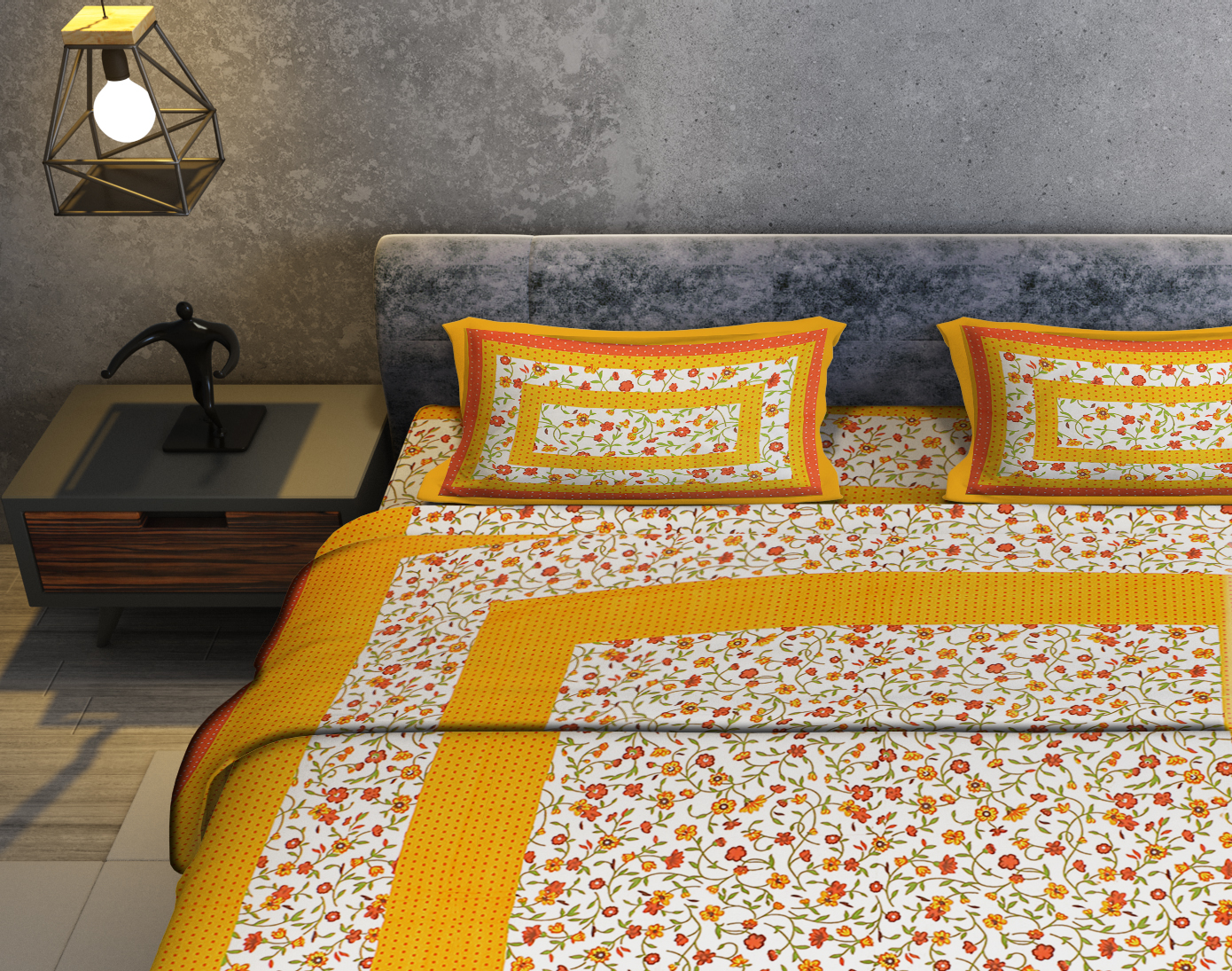 Rajasthani Jaipuri Traditional Sanganeri Bindiya Print 100% Cotton Double Size Bedsheet with Two Pillow Covers (Yellow) (MD1021-BST DBL Bindiya_Yellow) - Image 4