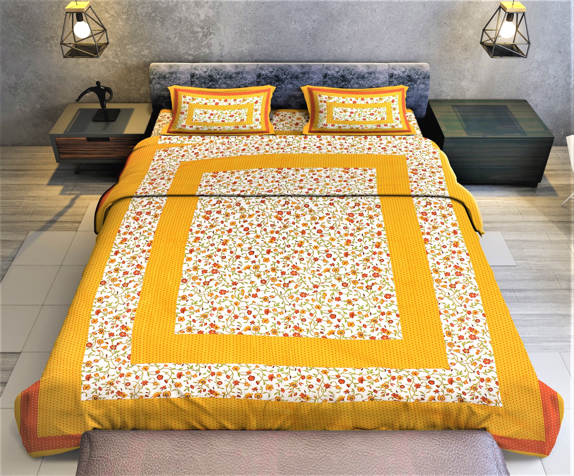 Rajasthani Jaipuri Traditional Sanganeri Bindiya Print 100% Cotton Double Size Bedsheet with Two Pillow Covers (Yellow) (MD1021-BST DBL Bindiya_Yellow) - Image 5