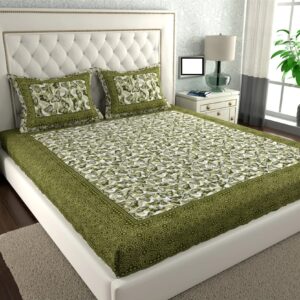 Rajasthani Jaipuri Traditional Sanganeri ButterFly Print 100% Cotton Double Size Bedsheet with Two Pillow Covers (Green) (MD1022-BST DBL ButterFly_Green)