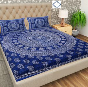 Rajasthani Jaipuri Traditional Sanganeri Carry Print 100% Cotton Double Size Bedsheet with Two Pillow Covers (Blue) (MD1023-BST DBL Carry_Blue)