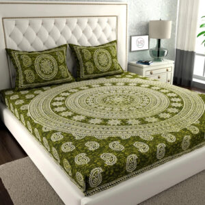 Rajasthani Jaipuri Traditional Sanganeri Carry Print 100% Cotton Double Size Bedsheet with Two Pillow Covers (Green) (MD1023-BST DBL Carry_Green)