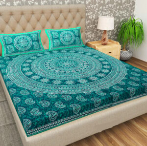 Rajasthani Jaipuri Traditional Sanganeri Carry Print 100% Cotton Double Size Bedsheet with Two Pillow Covers (Seagreen) (MD1023-BST DBL Carry_seagreen)