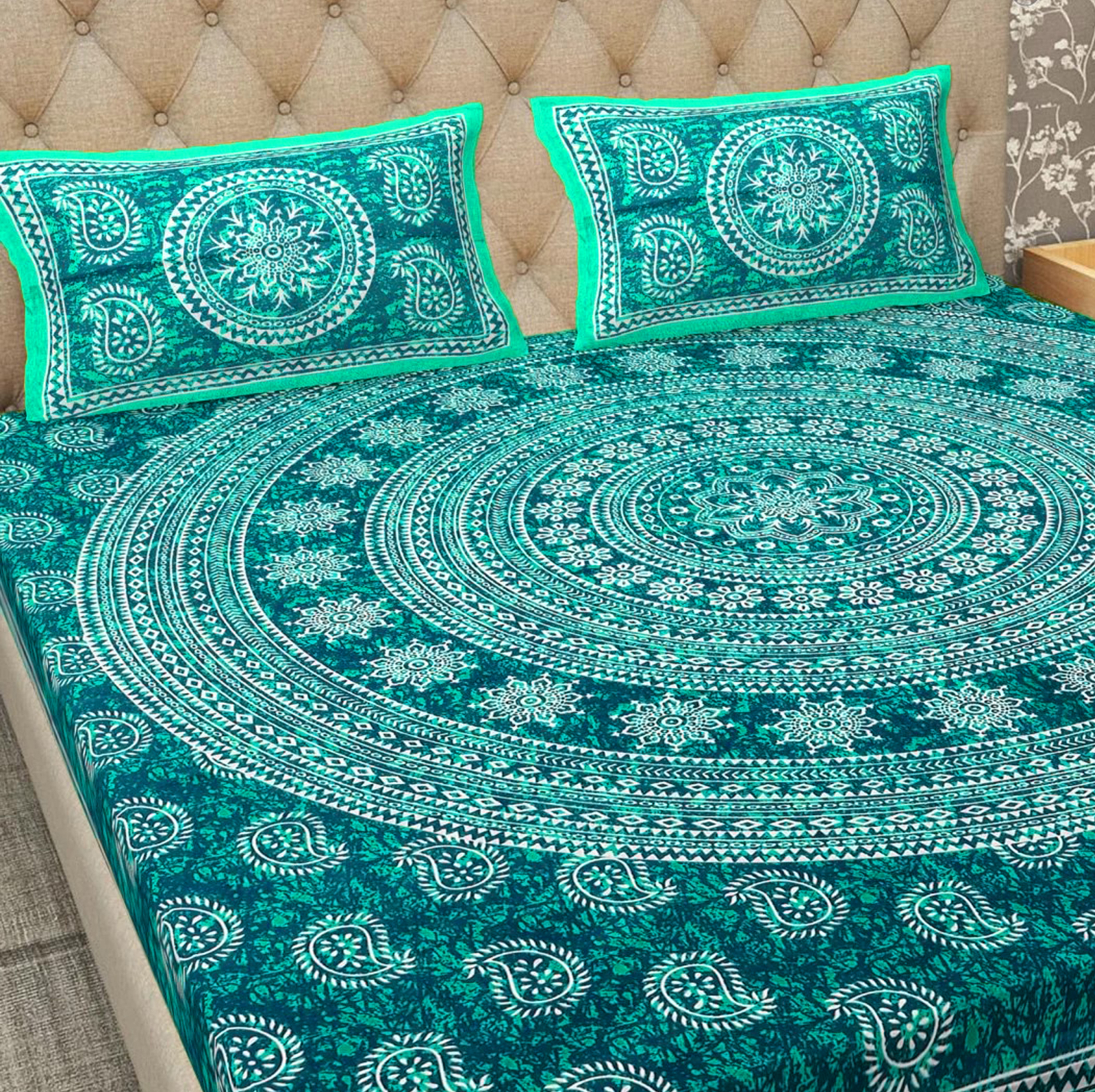 Rajasthani Jaipuri Traditional Sanganeri Carry Print 100% Cotton Double Size Bedsheet with Two Pillow Covers (Seagreen) (MD1023-BST DBL Carry_seagreen) - Image 4