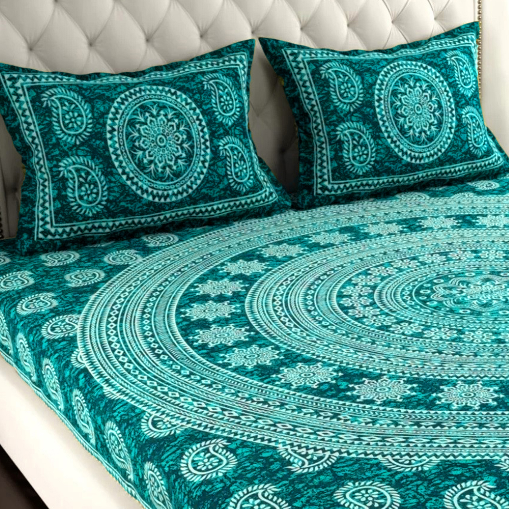 Rajasthani Jaipuri Traditional Sanganeri Carry Print 100% Cotton Double Size Bedsheet with Two Pillow Covers (Seagreen) (MD1023-BST DBL Carry_seagreen) - Image 5