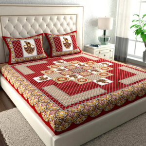 Rajasthani Jaipuri Traditional Sanganeri Gujari Print 100% Cotton Double Size Bedsheet with Two Pillow Covers (Red) (MD1024-BST DBL Gujari_Red)