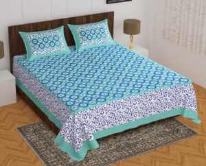 Rajasthani Jaipuri Traditional Sanganeri Jalebi Print 100% Cotton Double Size Bedsheet with Two Pillow Covers (Seagreen) (MD1025-BST DBL Jalebi_Seagreen)