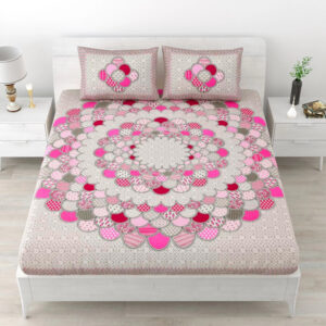 Rajasthani Jaipuri Traditional Sanganeri  Mandala Print 100% Cotton Double Size Bedsheet with Two Pillow Covers (Grey) (MD1026-BST DBL Mandala_Grey)