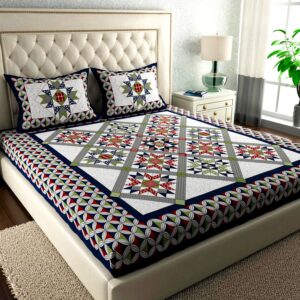 Rajasthani Jaipuri Traditional Sanganeri NewChokda Print 100% Cotton Double Size Bedsheet with Two Pillow Covers (Blue) (MD1027-BST DBL NewChokda_Blue)